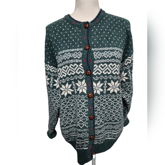 Vintage 1990s Y2K Northern Reflections green/white snowflake button-up sweater - Picture 1 of 10